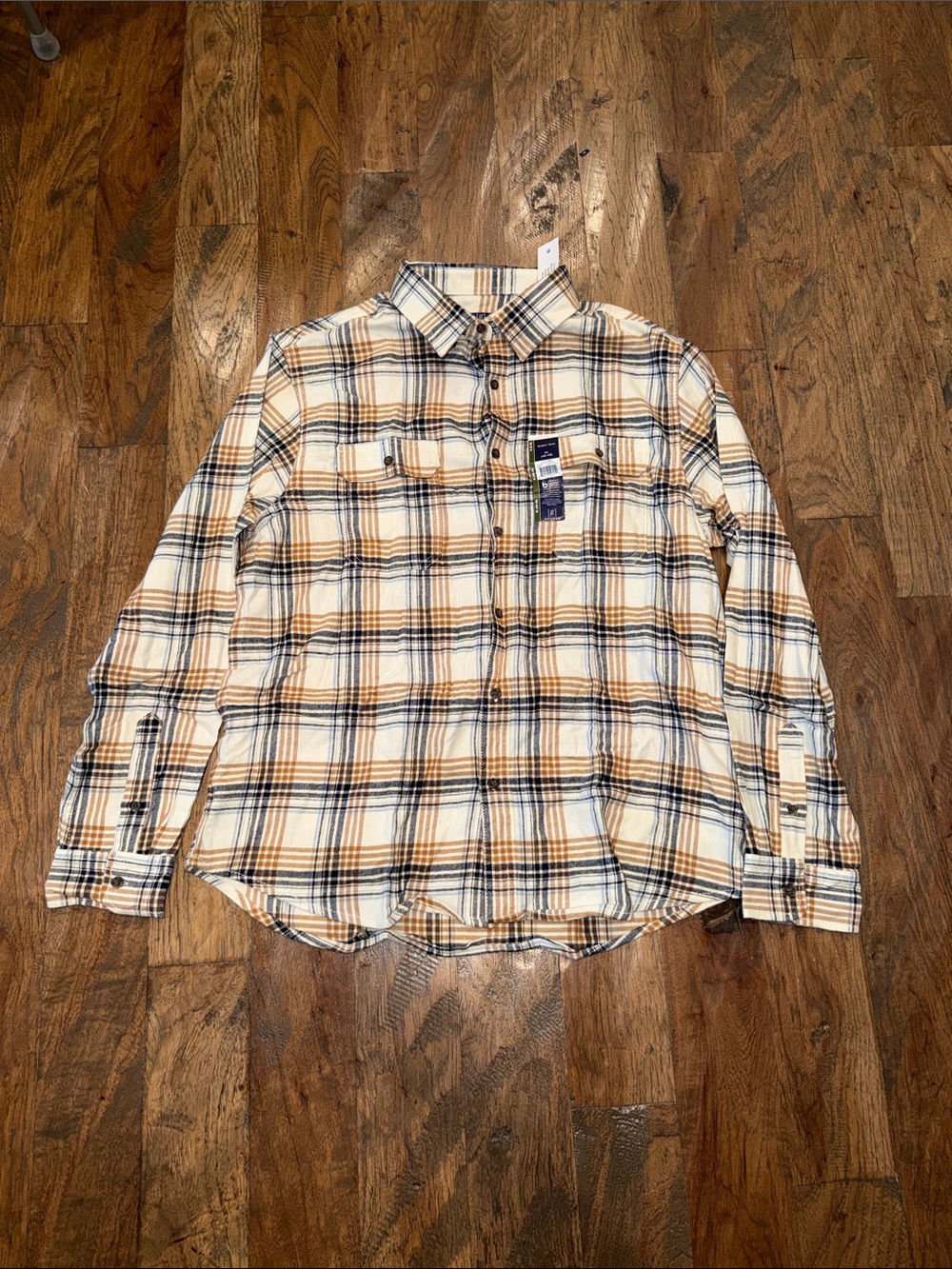 NWT George Size XL (46-48) Cream Plaid Button-Down Shirt Brown and Navy Stripes